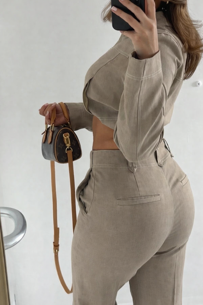 Avslappnat Tvådelat Set för Dam i Bomull & Linne – Kort Topp med Krage och Dragkedja samt Raka Byxor, Vår 2026